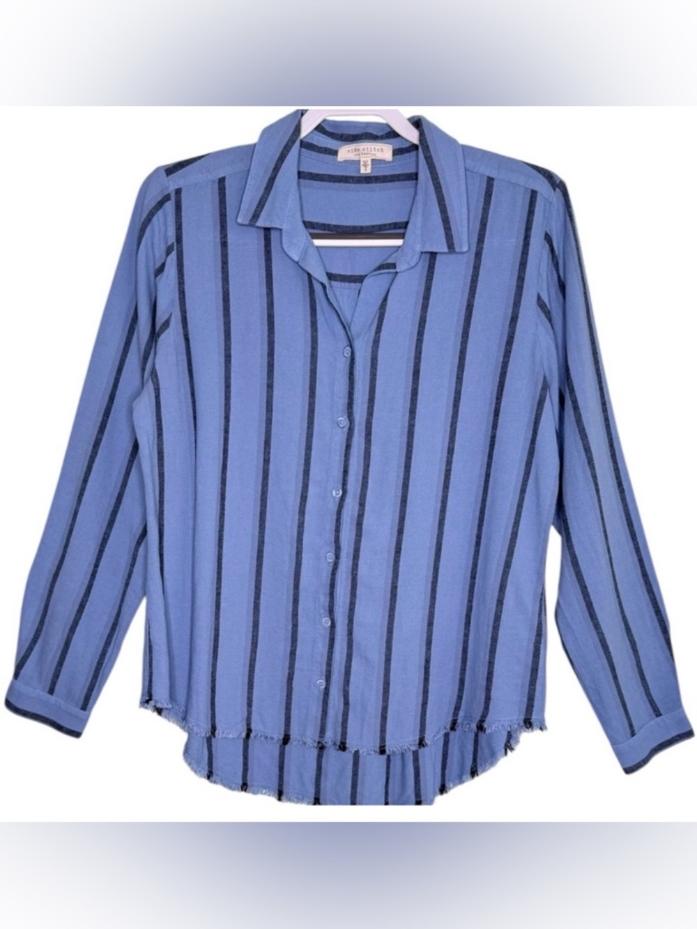 Side Stitch Steel Blue Timeless Textured Stripe Button Down Shirt Small EUC